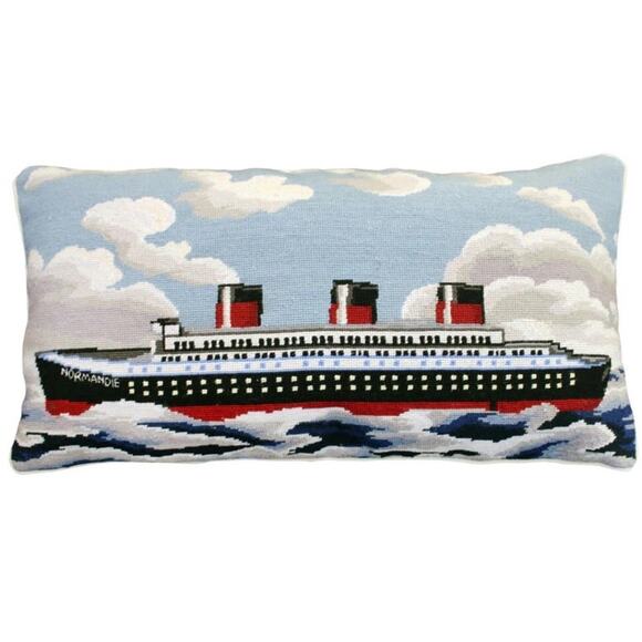 Vintage Wool Needlepoint Normandie Nautical Them Decorative Pillow 15Hx28Wx5D - Picture 1 of 11